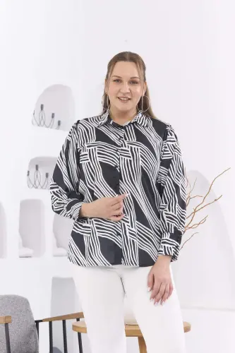 Patterned Plus Size Black Satin Shirt - 1