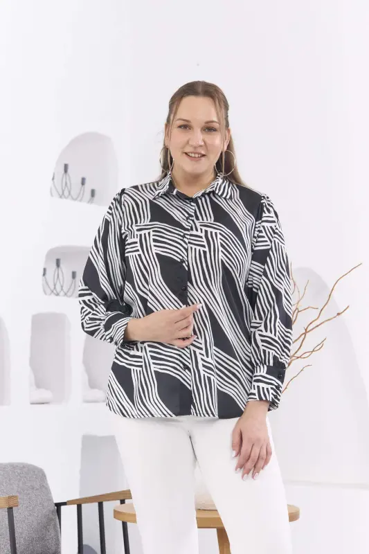 Patterned Plus Size Black Satin Shirt - 1