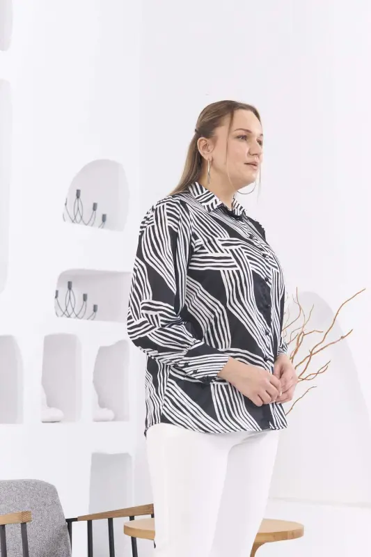 Patterned Plus Size Black Satin Shirt - 2