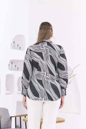 Patterned Plus Size Black Satin Shirt - 4