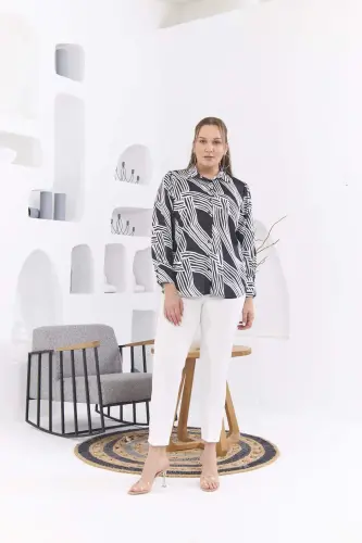 Patterned Plus Size Black Satin Shirt - 5