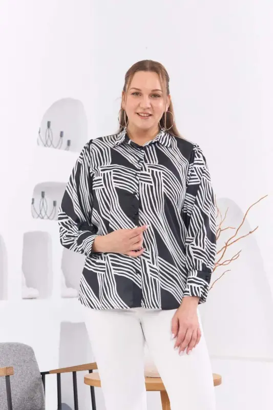 Patterned Plus Size Black Satin Shirt - 1