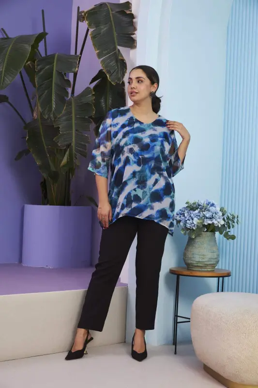 Patterned Plus Size Blue Chiffon Blouse - 6