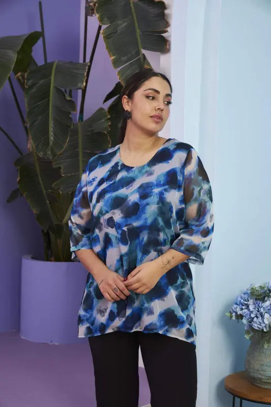 Patterned Plus Size Blue Chiffon Blouse - BÜYÜKBEDENIZ