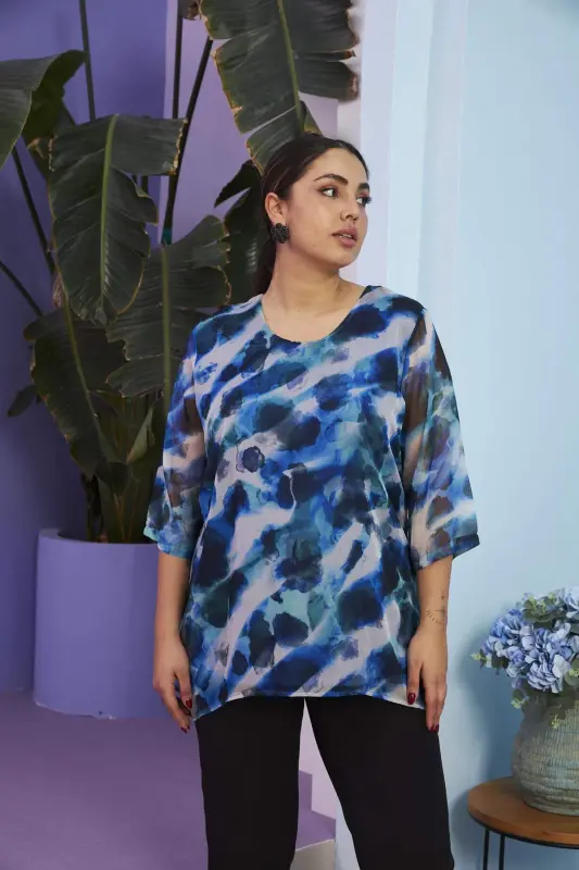Patterned Plus Size Blue Chiffon Blouse - 3