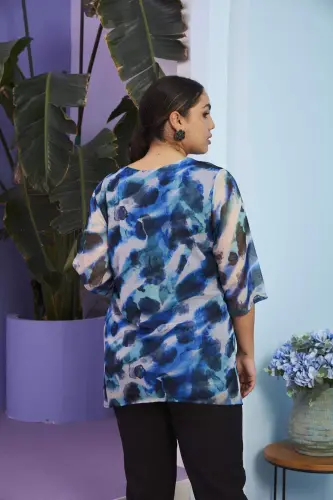 Patterned Plus Size Blue Chiffon Blouse - 4