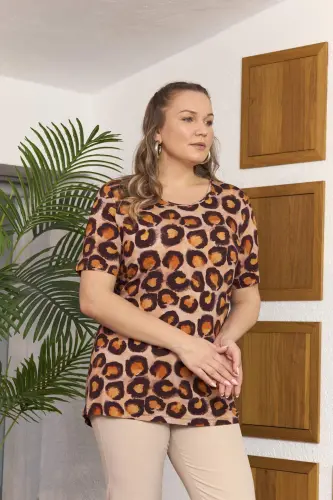 Patterned Plus Size Brown T-Shirt - 7