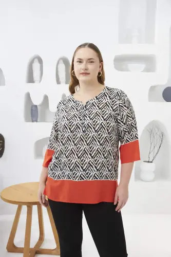 Patterned Plus Size Collared Blouse - 1