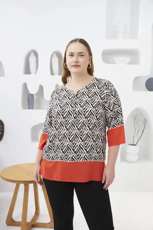 Patterned Plus Size Collared Blouse - BÜYÜKBEDENIZ