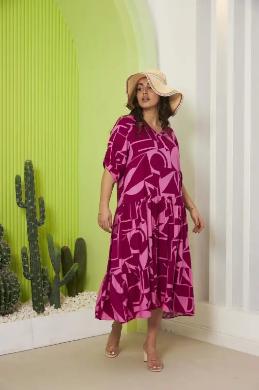 Patterned Plus Size Dress Cherry - BÜYÜKBEDENIZ
