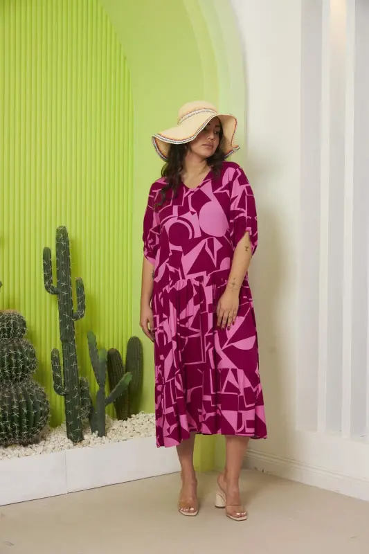 Patterned Plus Size Dress Cherry - 2