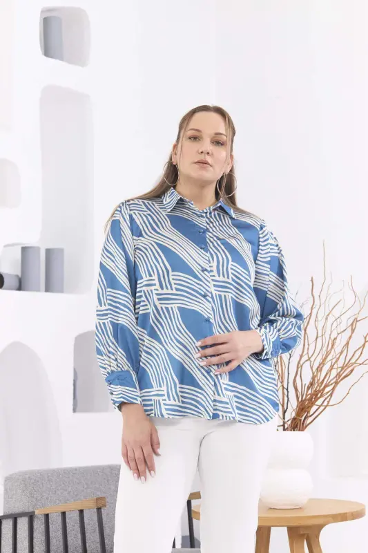 Patterned Plus Size Indigo Satin Shirt - 10