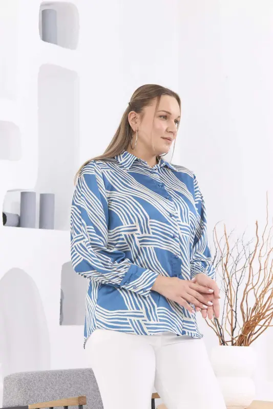 Patterned Plus Size Indigo Satin Shirt - 2