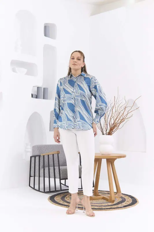 Patterned Plus Size Indigo Satin Shirt - 7