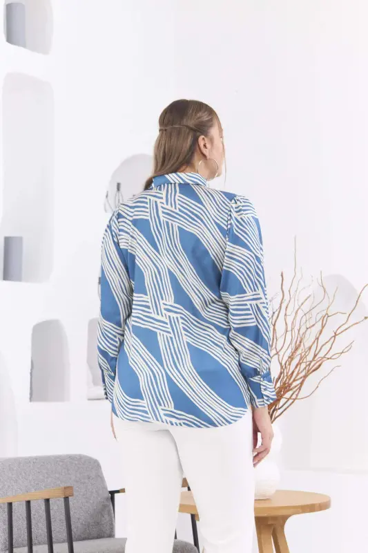 Patterned Plus Size Indigo Satin Shirt - 5