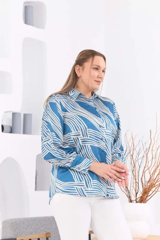 Patterned Plus Size Indigo Satin Shirt - 2