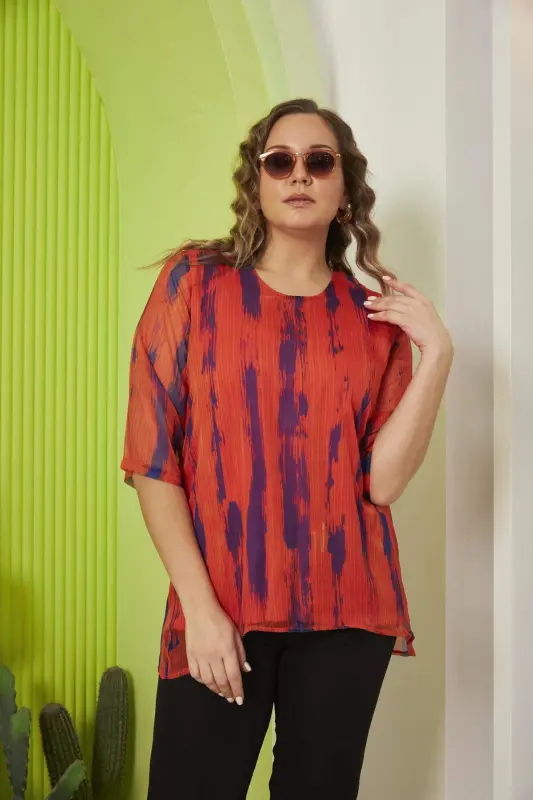 Patterned Plus Size Orange Chiffon Blouse - BÜYÜKBEDENIZ