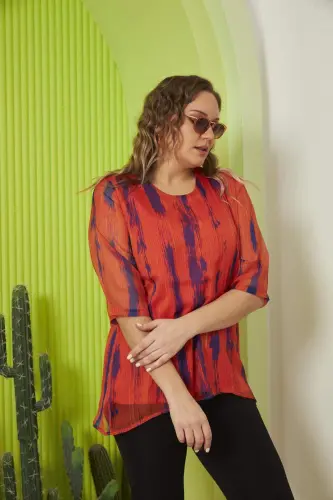 Patterned Plus Size Orange Chiffon Blouse - BÜYÜKBEDENIZ (1)