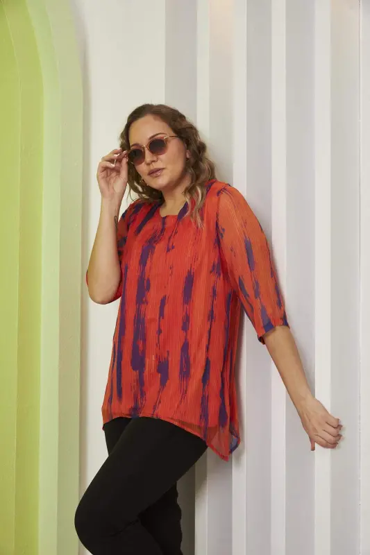 Patterned Plus Size Orange Chiffon Blouse - 3