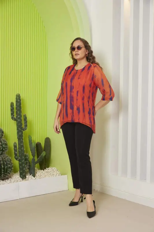 Patterned Plus Size Orange Chiffon Blouse - 4