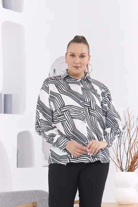 Patterned Plus Size White Satin Shirt - BÜYÜKBEDENIZ