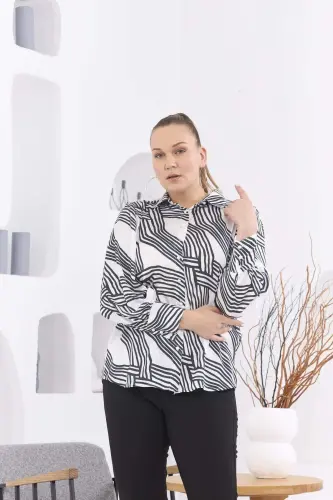 Patterned Plus Size White Satin Shirt - BÜYÜKBEDENIZ (1)