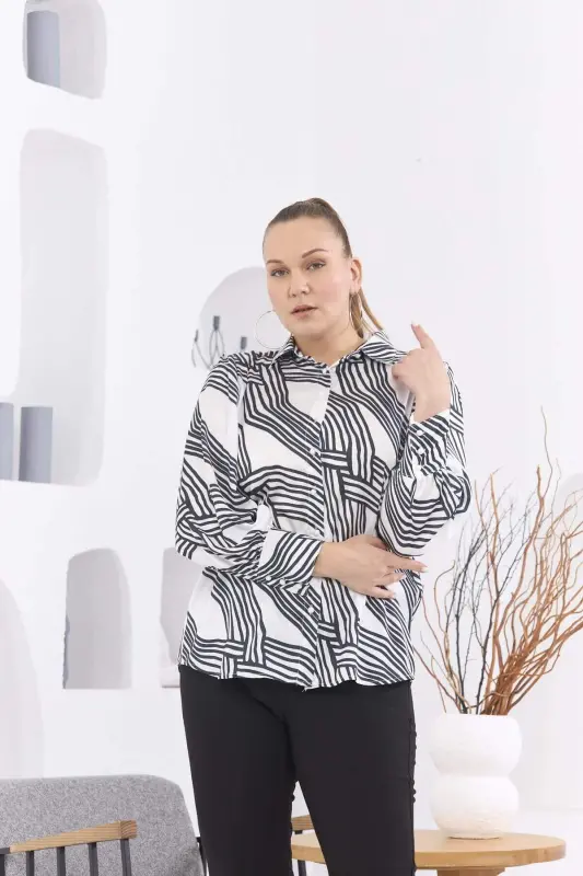 Patterned Plus Size White Satin Shirt - 2