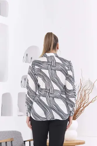 Patterned Plus Size White Satin Shirt - 5