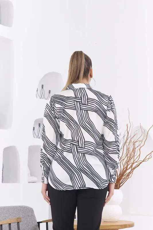 Patterned Plus Size White Satin Shirt - 5