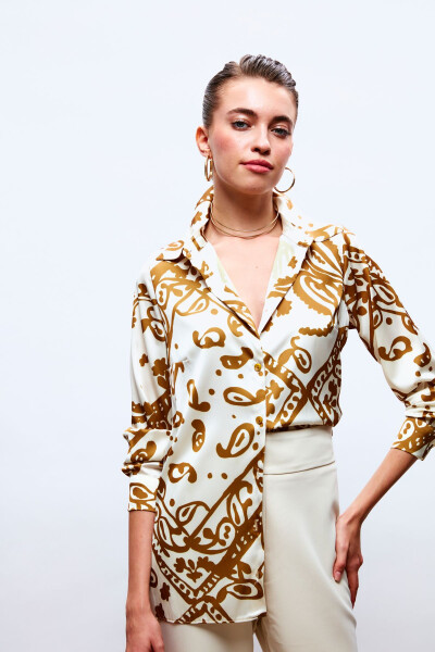 Patterned Relaxed Satin Shirt - CAMEL - 1