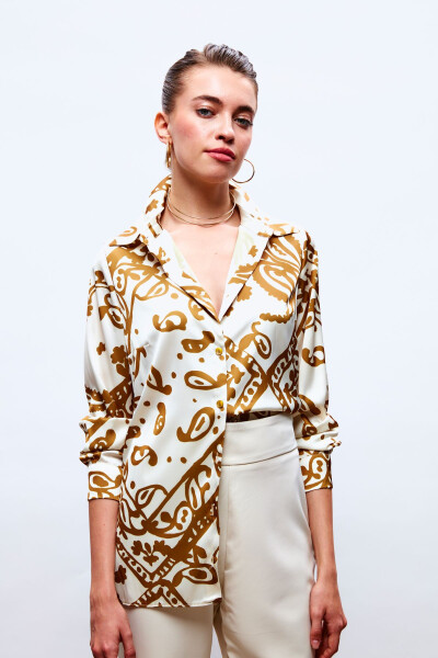 Patterned Relaxed Satin Shirt - CAMEL - 2