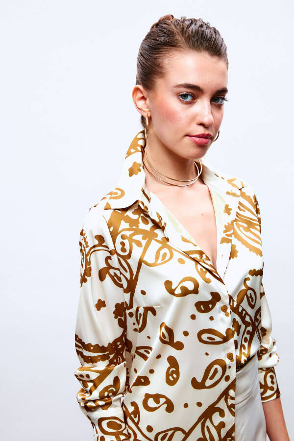 Patterned Relaxed Satin Shirt - CAMEL - 3