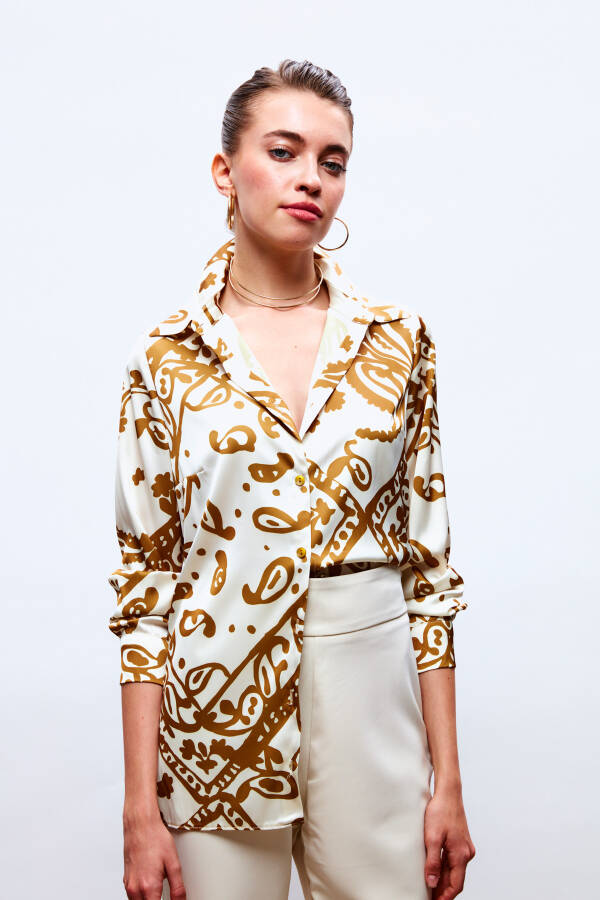 Patterned Relaxed Satin Shirt - CAMEL - 7