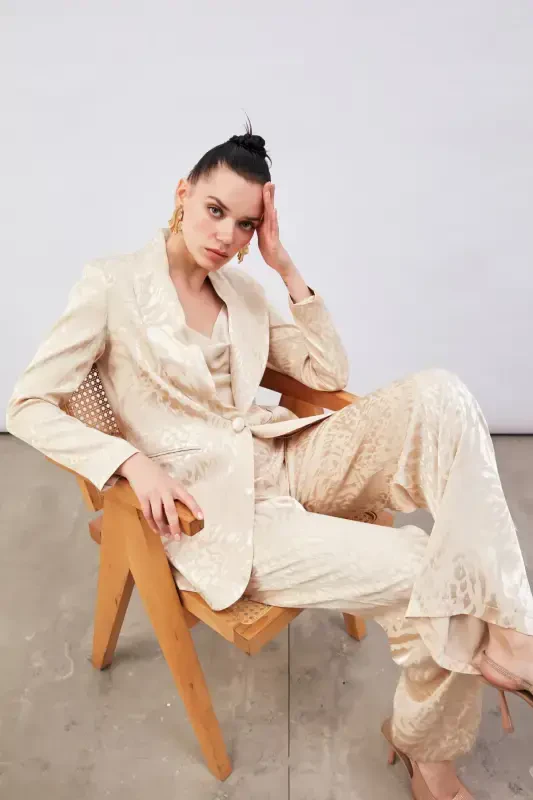 Patterned Satin Jacket - Beige - SATEEN