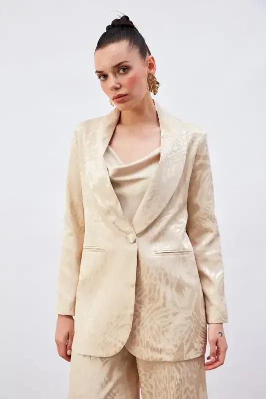 Patterned Satin Jacket - Beige - 4