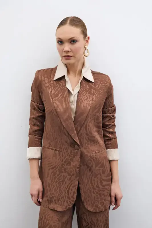 Patterned Satin Jacket - Coffee-COFFEE - 1