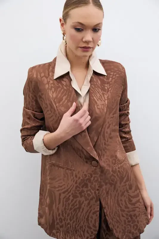 Patterned Satin Jacket - Coffee-COFFEE - 2