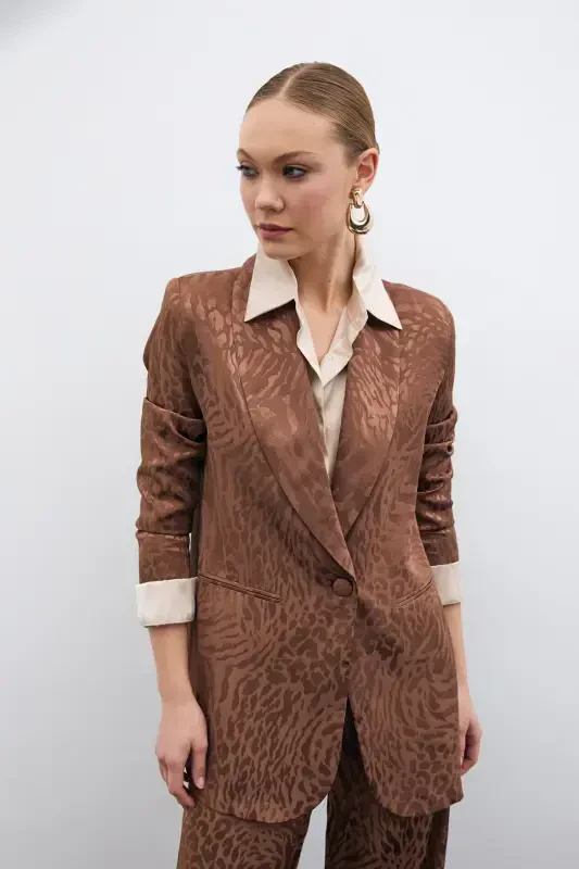 Patterned Satin Jacket - Coffee-COFFEE - 3