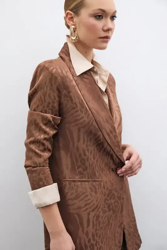 Patterned Satin Jacket - Coffee-COFFEE - 5
