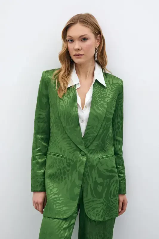 Patterned Satin Jacket - Green-GREEN - 5