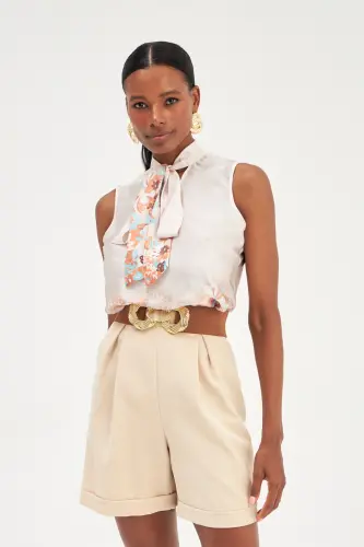 Patterned Scarf Detailed Blouse - Beige-BEIGE - 3