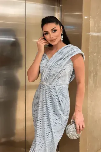 Patterned Sequin Fabric Design Dress - BABY BLUE - 3