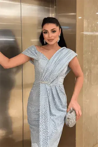 Patterned Sequin Fabric Design Dress - BABY BLUE - 4