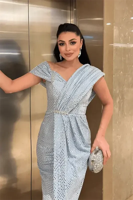 Patterned Sequin Fabric Design Dress - BABY BLUE - 4