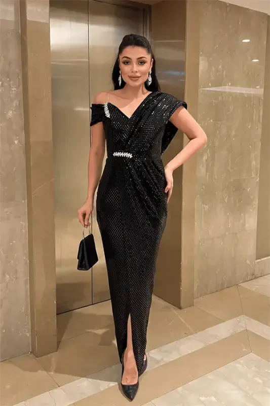 Patterned Sequin Fabric Design Dress - BLACK - 1