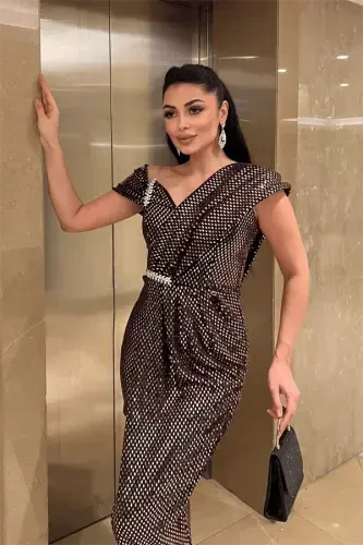 Patterned Sequin Fabric Design Dress - BRONZE - 4