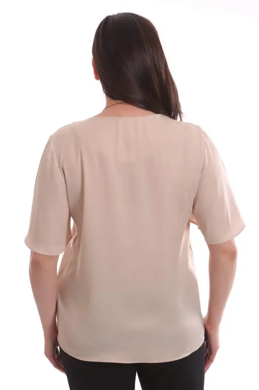 Desenli Kısa Kol Bej Bluz - 5