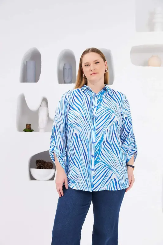 Patterned Sleeve Detail Plus Size Shirt Blue - 12