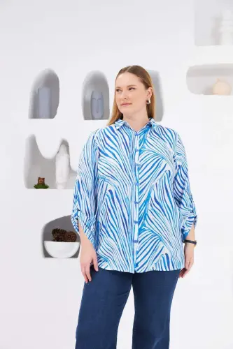 Patterned Sleeve Detail Plus Size Shirt Blue - BÜYÜKBEDENIZ (1)