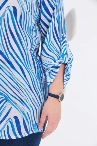 Patterned Sleeve Detail Plus Size Shirt Blue - 3